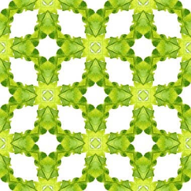 Sembol suluboya deseni. Yeşil değerli boho şık yaz tasarımı. Yeşil geometrik sembolün suluboya sınırı. Tekstil hazır güçlü baskı, mayo kumaş, duvar kağıdı, ambalaj..