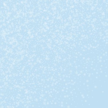 Güzel kar yağışı arkaplanı. Hafif uçan kar taneleri ve açık mavi kış arka planındaki yıldızlar. Güzel kar yağışı şablonu. Kare vektör illüstrasyonu.