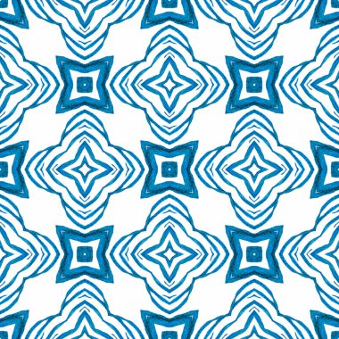 Tekstil hazır canlı baskı, mayo kumaş, duvar kağıdı, ambalaj. Mavi havalı boho şık yaz tasarımı. Suluboya madalyonu, kusursuz sınır. Madalyon pürüzsüz desen.
