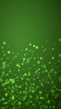 Güzel kar yağışı arkaplanı. İnce uçan kar taneleri ve yeşil arka plandaki yıldızlar. Güzel kar yağışı şablonu. Dikey vektör illüstrasyonu.