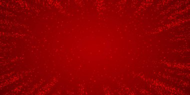 Karlı bir Noel geçmişi var. İnce uçan kar taneleri ve kırmızı arka plandaki yıldızlar. Narin, tatlı, karlı bir Noel. Geniş vektör illüstrasyonu.