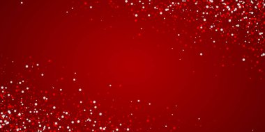 Yılbaşı arka planında kar yağışı var. İnce uçan kar taneleri ve kırmızı arka plandaki yıldızlar. Karlı bayram örtüsü. Geniş vektör illüstrasyonu.