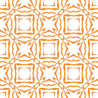 Textile ready impressive print, swimwear fabric, wallpaper, wrapping. Orange emotional boho chic summer design. Ikat repeating swimwear design. Watercolor ikat repeating tile border.