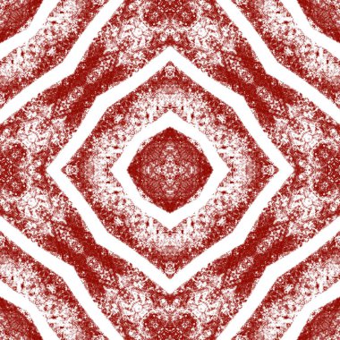 Ikat repeating swimwear design. Wine red symmetrical kaleidoscope background. Textile ready captivating print, swimwear fabric, wallpaper, wrapping. Summer ikat sweamwear pattern.