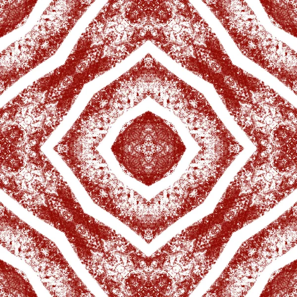 Ikat repeating swimwear design. Wine red symmetrical kaleidoscope background. Textile ready captivating print, swimwear fabric, wallpaper, wrapping. Summer ikat sweamwear pattern.