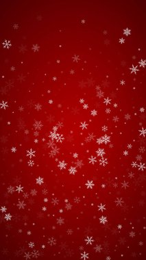 Karlı bir Noel geçmişi var. İnce uçan kar taneleri ve kırmızı arka plandaki yıldızlar. Narin, tatlı, karlı bir Noel. Dikey vektör illüstrasyonu.