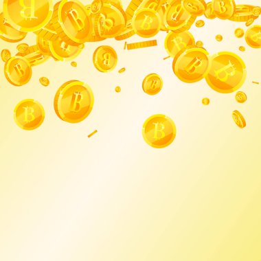Bitcoin coins falling. Cryptocurrency scattered gold BTC coins. Internet currency. Global financial crisis concept. Square vector illustration.