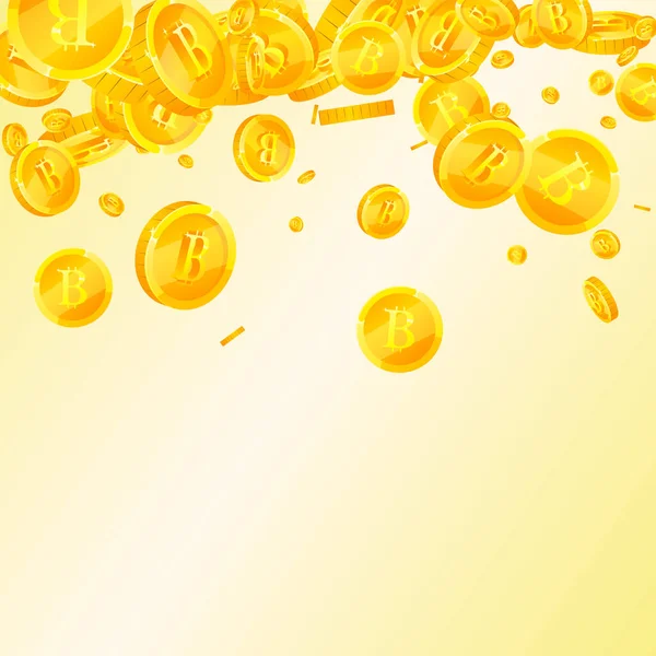Bitcoin coins falling. Cryptocurrency scattered gold BTC coins. Internet currency. Global financial crisis concept. Square vector illustration.