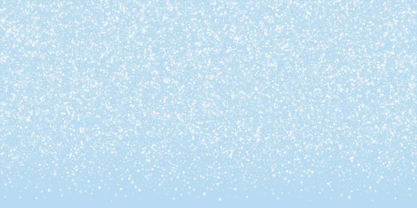 Karlı bir Noel geçmişi var. Hafif uçan kar taneleri ve açık mavi kış arka planındaki yıldızlar. Narin, tatlı, karlı bir Noel. Geniş vektör illüstrasyonu.