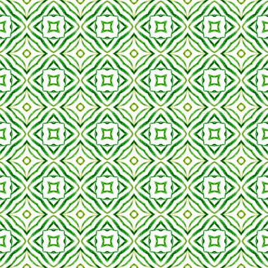Ikat repeating swimwear design. Green alluring boho chic summer design. Watercolor ikat repeating tile border. Textile ready memorable print, swimwear fabric, wallpaper, wrapping.