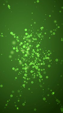 Güzel kar yağışı arkaplanı. İnce uçan kar taneleri ve yeşil arka plandaki yıldızlar. Güzel kar yağışı şablonu. Dikey vektör illüstrasyonu.