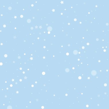 Sihirli kar yağışı arkaplanı. Hafif uçan kar taneleri ve açık mavi kış arka planındaki yıldızlar. Sihirli yağan kar tatili manzarası. Kare vektör illüstrasyonu.