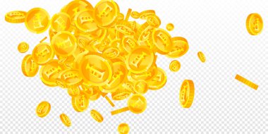 Swiss franc coins falling. Gold scattered CHF coins. Switzerland money. Global financial crisis concept. Wide vector illustration.