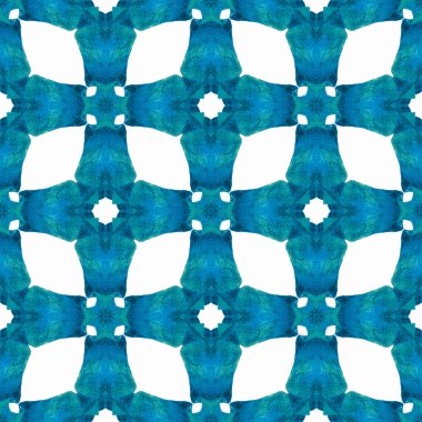 Watercolor ikat repeating tile border. Blue worthy boho chic summer design. Textile ready classy print, swimwear fabric, wallpaper, wrapping. Ikat repeating swimwear design.