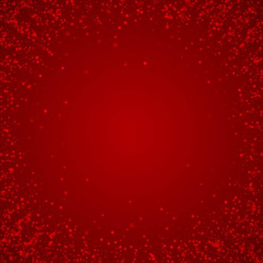 Güzel kar yağışı arkaplanı. İnce uçan kar taneleri ve kırmızı arka plandaki yıldızlar. Güzel kar yağışı şablonu. Kare vektör illüstrasyonu.