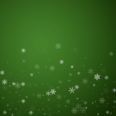 Karlı bir Noel geçmişi var. İnce uçan kar taneleri ve yeşil arka plandaki yıldızlar. Narin, tatlı, karlı bir Noel. Kare vektör illüstrasyonu.