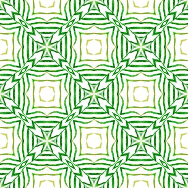 Tekrar eden mayo tasarımı. Yeşil meraklı boho şık yaz tasarımı. Tekstil hazır şaşırtıcı baskı, mayo kumaş, duvar kağıdı, ambalaj. Suluboya görevi tekrar eden kiremit kenarı.