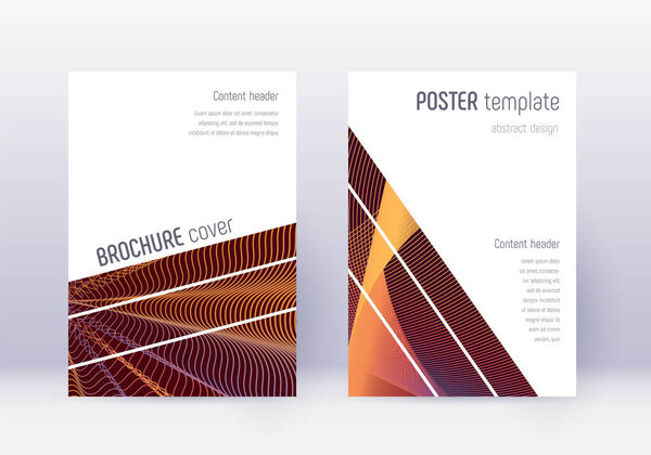 Geometric cover design template set. Orange abstract lines on wine red background. Brilliant cover design. Adorable catalog, poster, book template etc.