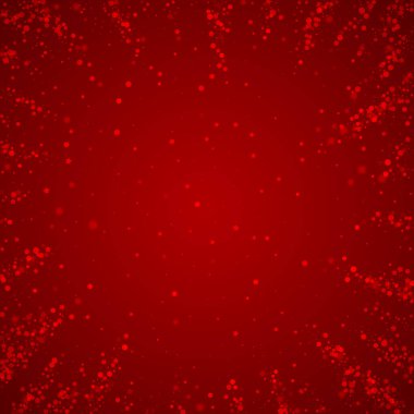 Yılbaşı arkaplanında kar taneleri yağıyor. İnce uçan kar taneleri ve kırmızı arka plandaki yıldızlar. Çok güzel düşen kar taneleri. Kare vektör illüstrasyonu.