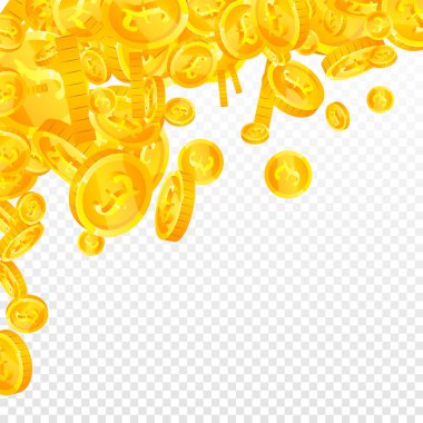 British pound coins falling. Scattered gold GBP coins.  United Kingdom money. Global financial crisis concept. Square vector illustration.