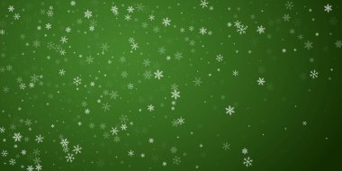 Yılbaşı arka planında kar yağışı var. İnce uçan kar taneleri ve yeşil arka plandaki yıldızlar. Karlı bayram örtüsü. Geniş vektör illüstrasyonu.
