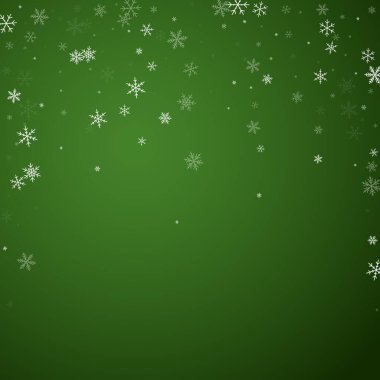 Güzel kar yağışı arkaplanı. İnce uçan kar taneleri ve yeşil arka plandaki yıldızlar. Güzel kar yağışı şablonu. Kare vektör illüstrasyonu.