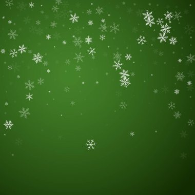 Güzel kar yağışı arkaplanı. İnce uçan kar taneleri ve yeşil arka plandaki yıldızlar. Güzel kar yağışı şablonu. Kare vektör illüstrasyonu.