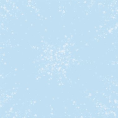 Yılbaşı arkaplanında kar taneleri yağıyor. Hafif uçan kar taneleri ve açık mavi kış arka planındaki yıldızlar. Çok güzel düşen kar taneleri. Kare vektör illüstrasyonu.