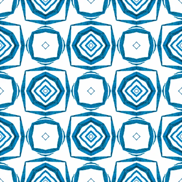 水彩メダリオンシームレスな境界線 ブルーのブーホーシックな夏のデザイン 繊維準備ができて面白いプリント 水着生地 メダリオンのシームレスなパターン — ストック写真