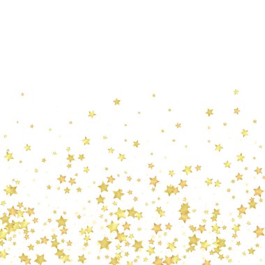 Sihirli yıldızlar vektör kaplaması. Altın yıldızlar rasgele etrafa saçılmış, düşüyor, yüzüyor. Kaotik rüya gibi çocuksu bir şablon. Beyaz arkaplanda vektör peri masalı.