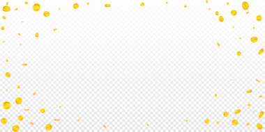 British pound coins falling. Scattered gold GBP coins.  United Kingdom money. Jackpot wealth or success concept. Wide vector illustration.