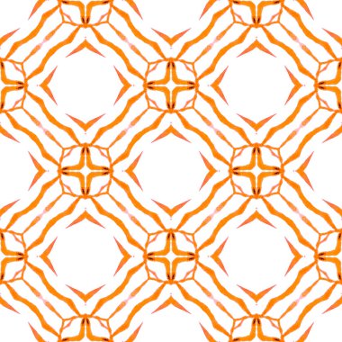 Sembol suluboya deseni. Turuncu zarif boho şık yaz tasarımı. Yeşil geometrik sembolün suluboya sınırı. Tekstil hazır modern baskı, mayo kumaş, duvar kağıdı, ambalaj..