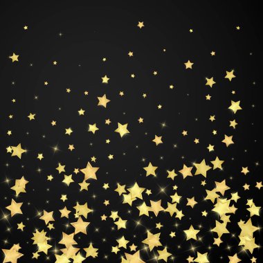 Sihirli yıldızlar vektör kaplaması. Altın yıldızlar rasgele etrafa saçılmış, düşüyor, yüzüyor. Kaotik rüya gibi çocuksu bir şablon. Siyah arkaplanda mucizevi yıldızlı gece vektörü.