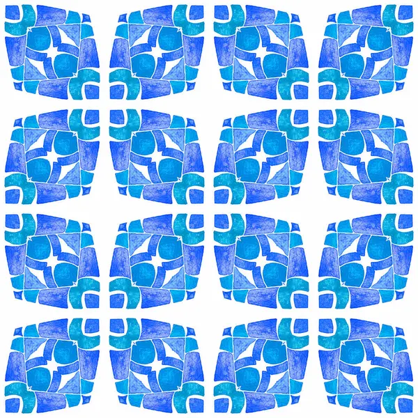 水彩夏の民族の国境パターン ブルー魅惑的なBohoシックな夏のデザイン 民族の手描きのパターン 繊維準備ができて珍しいプリント 水着生地 — ストック写真