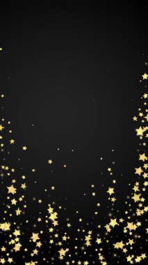 Sihirli yıldızlar vektör kaplaması. Altın yıldızlar rasgele etrafa saçılmış, düşüyor, yüzüyor. Kaotik rüya gibi çocuksu bir şablon. Siyah arka planda sihirli yıldızlı büyüleyici vektör.