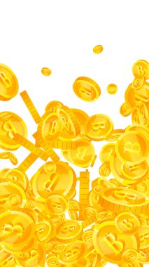 Bitcoin paraları düşüyor. Kripto para birimi etrafa saçılmış altın BTC paralar. İnternet para birimi. Büyük iş başarısı konsepti. Vektör illüstrasyonu.