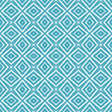Tekrar eden mayo tasarımı. Turkuaz simetrik kaleydoskop arka planı. Tekstil hazır orijinal baskı, mayo kumaş, duvar kağıdı, ambalaj. Yaz şapkası süsleme deseni.