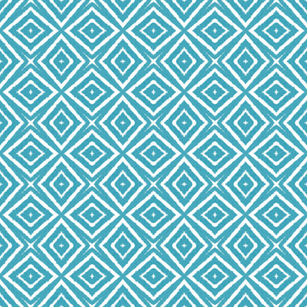Ikat repeating swimwear design. Turquoise symmetrical kaleidoscope background. Textile ready original print, swimwear fabric, wallpaper, wrapping. Summer ikat sweamwear pattern.
