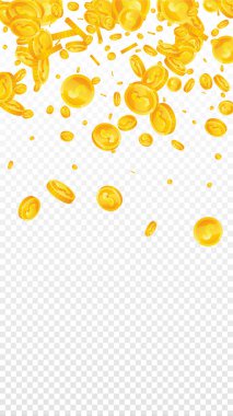 American dollar coins falling. Scattered gold USD coins. USA money. Global financial crisis concept. Vector illustration.
