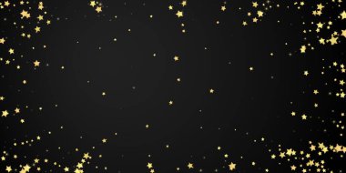Sihirli yıldızlar vektör kaplaması. Altın yıldızlar rasgele etrafa saçılmış, düşüyor, yüzüyor. Kaotik rüya gibi çocuksu bir şablon. Siyah arka planda sihirli yıldızlı büyüleyici vektör.