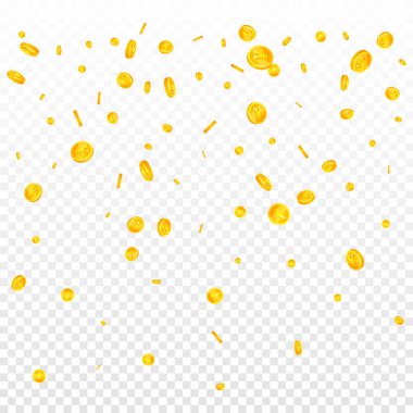 Chinese yuan coins falling. Scattered gold CNY coins. China money. Jackpot wealth or success concept. Square vector illustration.