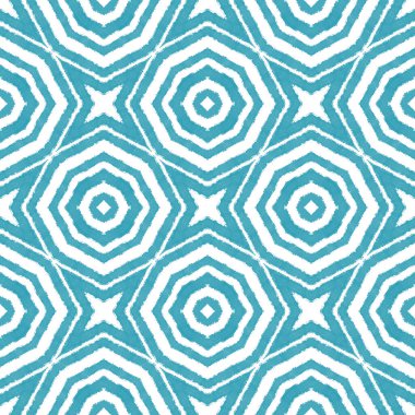 Tekrar eden mayo tasarımı. Turkuaz simetrik kaleydoskop arka planı. Yaz çöreği şekeri desenli. Tekstil hazır değerli baskı, mayo kumaş, duvar kağıdı, ambalaj..