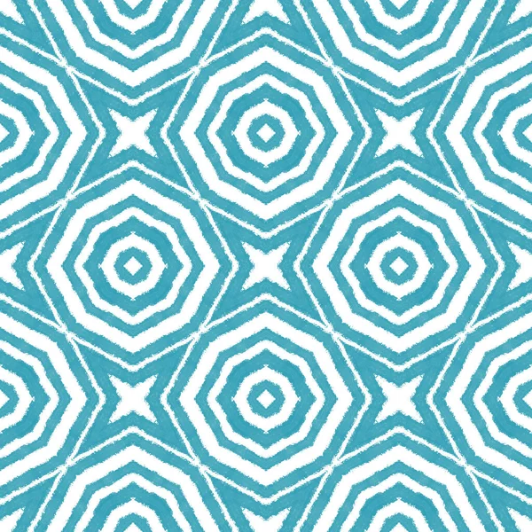 Ikat Opakující Design Plavek Tyrkysově Symetrické Kaleidoskopické Pozadí Vzor Letních — Stock fotografie