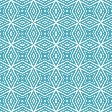 Madalyon pürüzsüz desen. Turkuaz simetrik kaleydoskop arka planı. Suluboya madalyonu, pürüzsüz fayans. Tekstil hazır kaliteli baskı, mayo kumaş, duvar kağıdı, ambalaj..