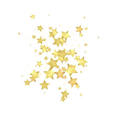 Sihirli yıldızlar vektör kaplaması. Altın yıldızlar rasgele etrafa saçılmış, düşüyor, yüzüyor. Kaotik rüya gibi çocuksu bir şablon. Beyaz arkaplanda vektör büyüsü.