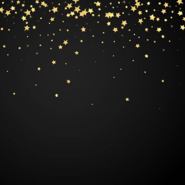 Sihirli yıldızlar vektör kaplaması. Altın yıldızlar rasgele etrafa saçılmış, düşüyor, yüzüyor. Kaotik rüya gibi çocuksu bir şablon. Siyah arkaplanda büyülü karikatür gece gökyüzü.