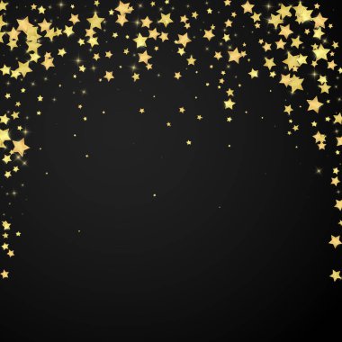 Sihirli yıldızlar vektör kaplaması. Altın yıldızlar rasgele etrafa saçılmış, düşüyor, yüzüyor. Kaotik rüya gibi çocuksu bir şablon. Siyah arka planda sihirli yıldızlı büyüleyici vektör.