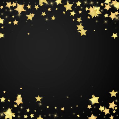 Sihirli yıldızlar vektör kaplaması. Altın yıldızlar rasgele etrafa saçılmış, düşüyor, yüzüyor. Kaotik rüya gibi çocuksu bir şablon. Siyah arkaplanda vektör peri masalı.