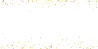 Sihirli yıldızlar vektör kaplaması. Altın yıldızlar rasgele etrafa saçılmış, düşüyor, yüzüyor. Kaotik rüya gibi çocuksu bir şablon. Beyaz arkaplanda büyülü gece gökyüzü.