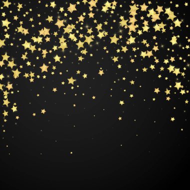 Sihirli yıldızlar vektör kaplaması. Altın yıldızlar rasgele etrafa saçılmış, düşüyor, yüzüyor. Kaotik rüya gibi çocuksu bir şablon. Siyah arkaplanda vektör peri masalı.